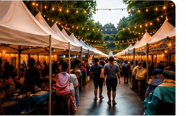 Night market with string lights and visitors.