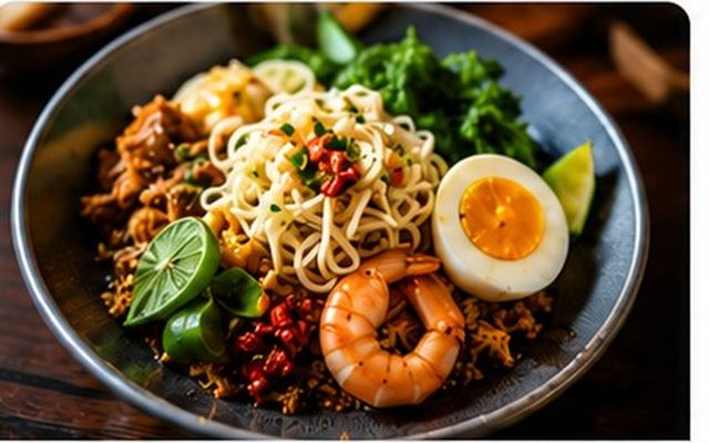 Noodle dish with prawn, egg, lime, and chili.
