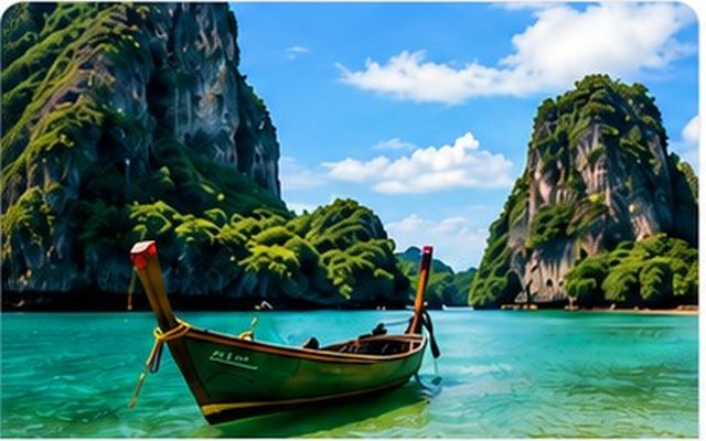 Turquoise sea and boat at a popular travel place.